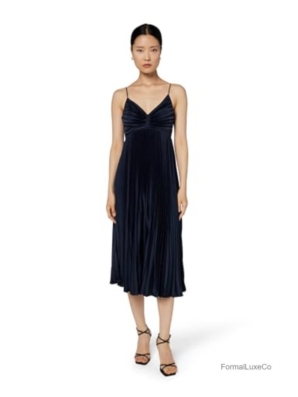 Pleated Satin A-Line Midi Dress Sleeveless V-Neck One Shoulder Back